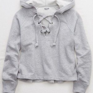 Aerie Lace-Up Crop Hoodie| Light Grey, Sz XXS